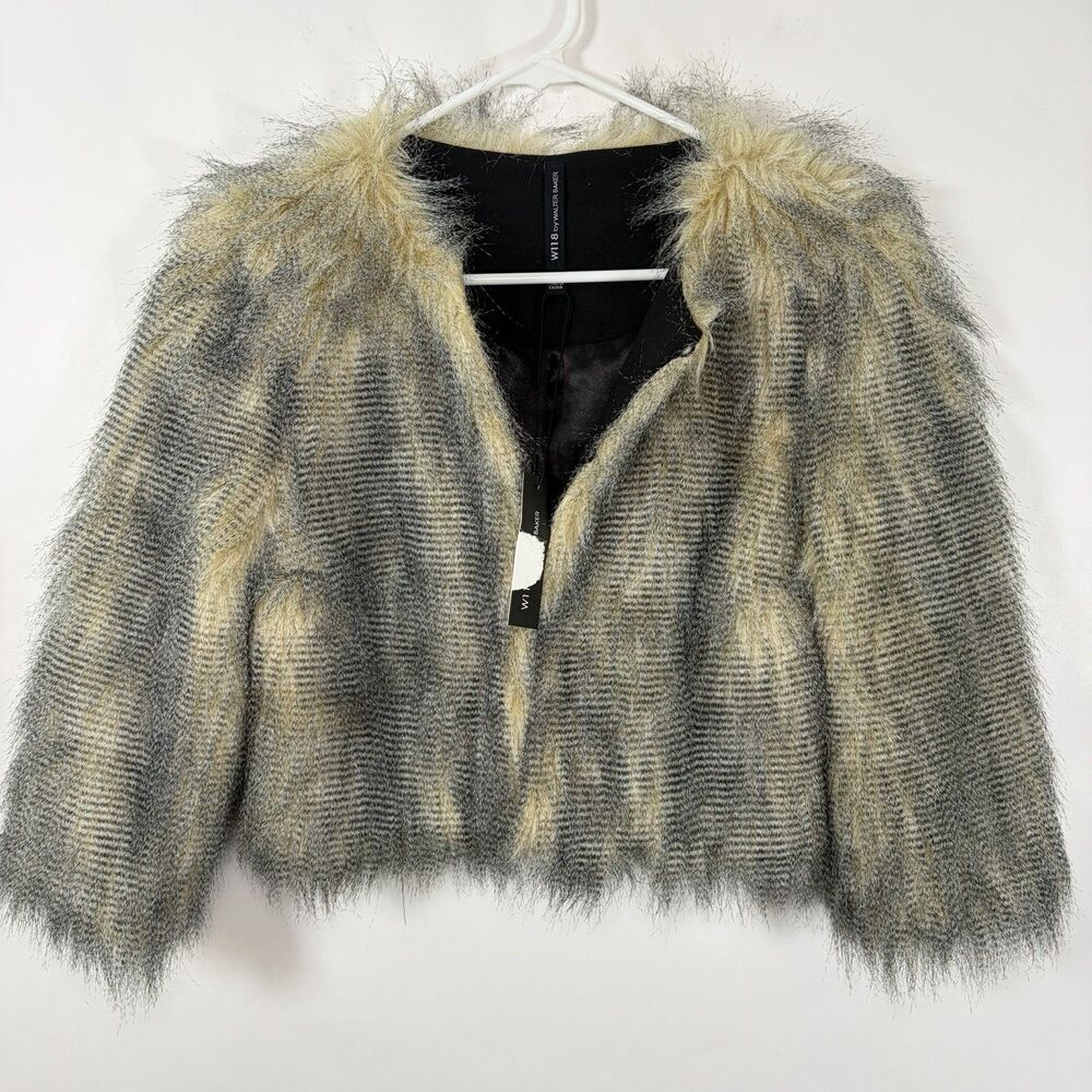 W118 by WALTER BAKER Faux Fur Jacket Womens Size XS Gray Beige NWT $148 MSRP